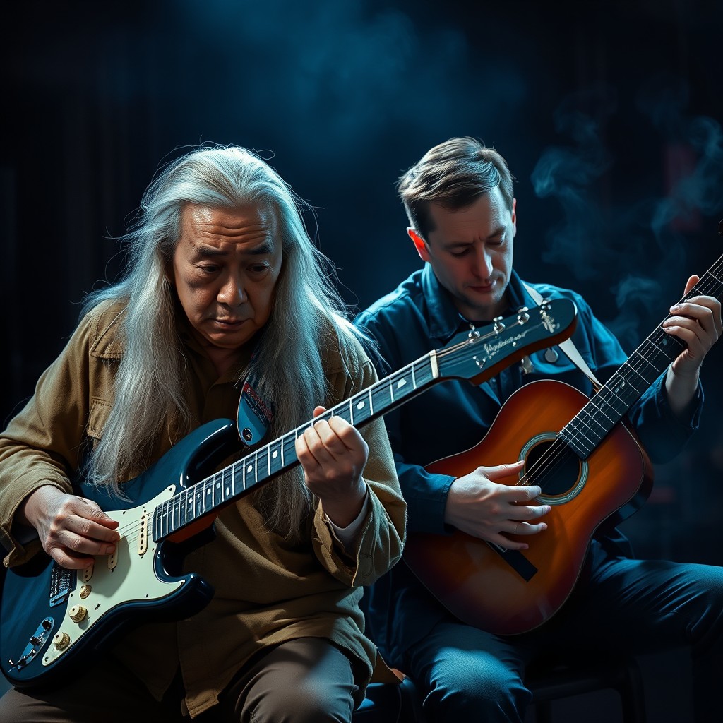 A hyper-realistic scene featuring an elderly Chinese man with long flowing white hair, deeply focused as he plays an electric guitar