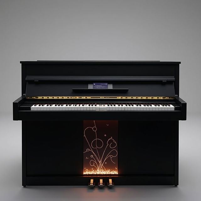 A modern black upright piano featuring a sleek design with a smart 32-inch touchscreen embedded in the front upper panel, positioned directly above the piano keys