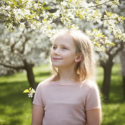 A portrait of a cheerful young girl, standing in a sunny, blossom-filled garden