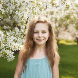 A portrait of a cheerful young girl, standing in a sunny, blossom-filled garden