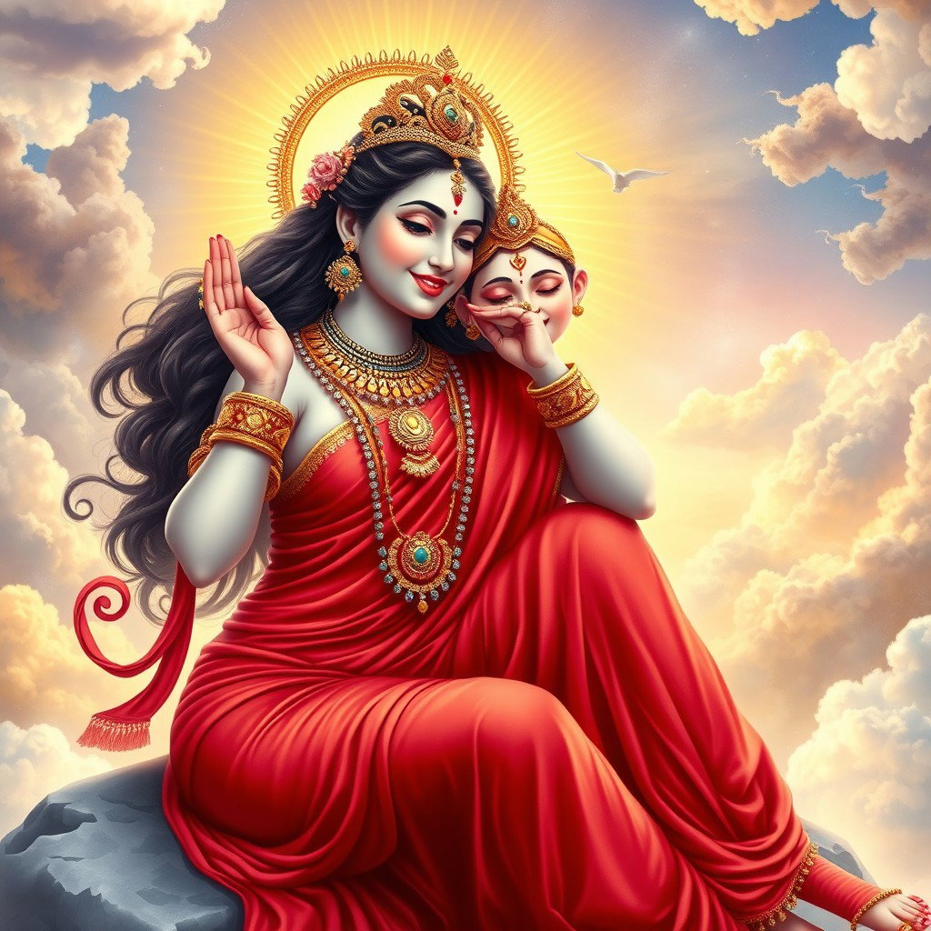 A stunning divine goddess with milk-glow skin, lavishly adorned with intricate jewelry around her neck and charming payal (anklets) on her feet