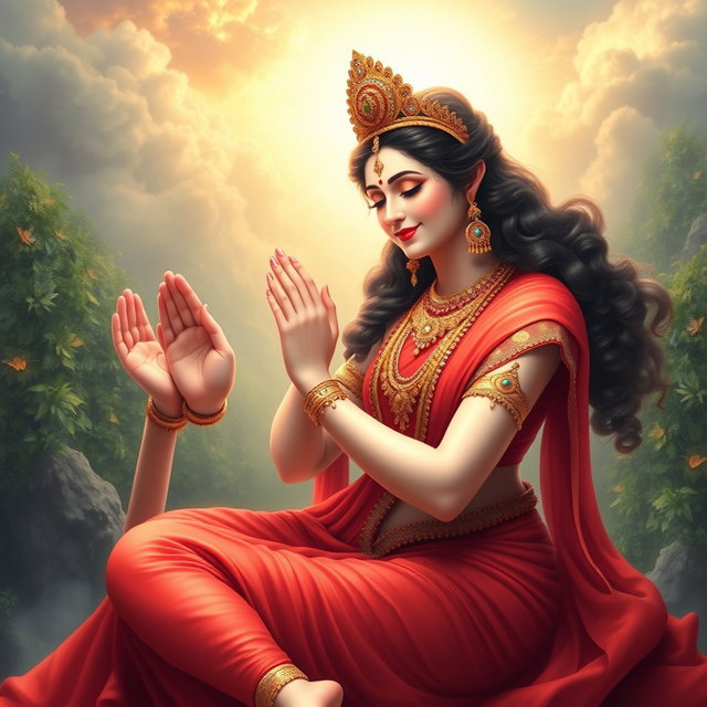 An enchanting divine goddess with milk-glow skin, adorned with stunning jewelry around her neck and elegant payal (anklets) on her feet
