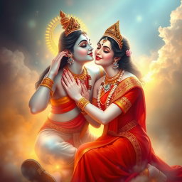 A beautiful divine Devi goddess with glowing milk-colored skin, adorned with intricate jewelry around her neck and wearing payal on her feet