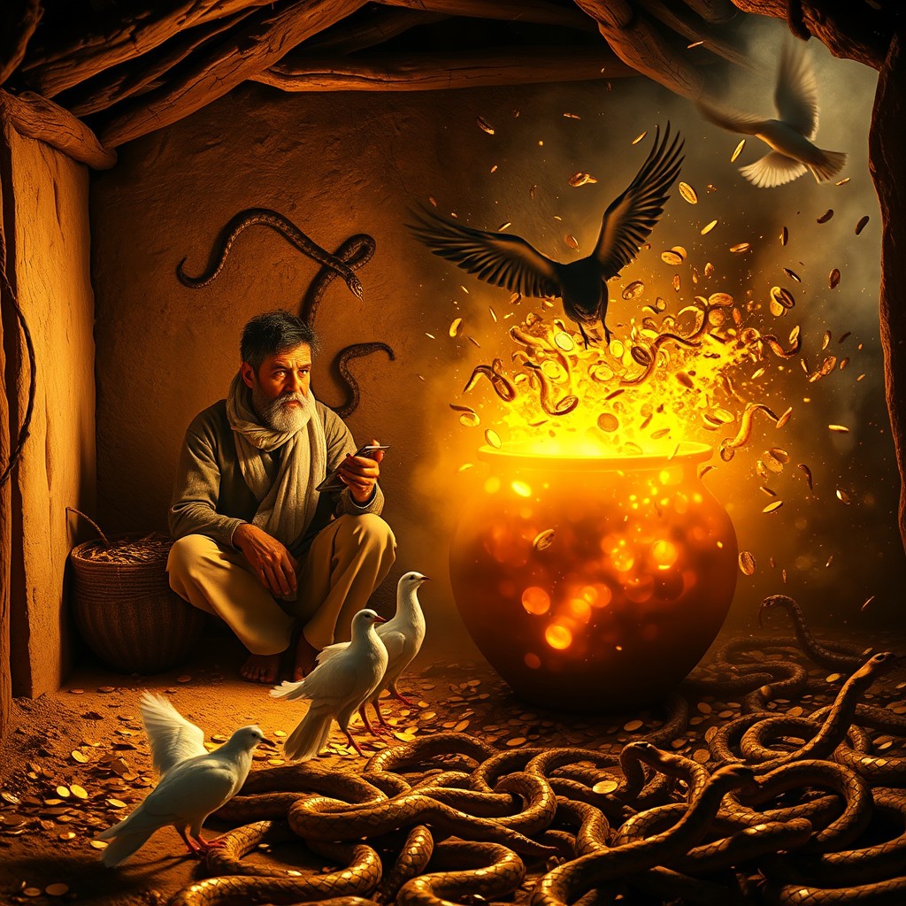 A breathtaking scene showing a poor farmer and his white pigeon inside a small mud house, filled with a golden glow as the farmer drops coins into a magical glowing golden pot that overflows with shining gold coins