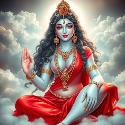 A breathtakingly beautiful divine goddess with glowing milk-like skin, adorned in intricate jewelry around her neck and delicate payal on her feet, wearing a vibrant red saree