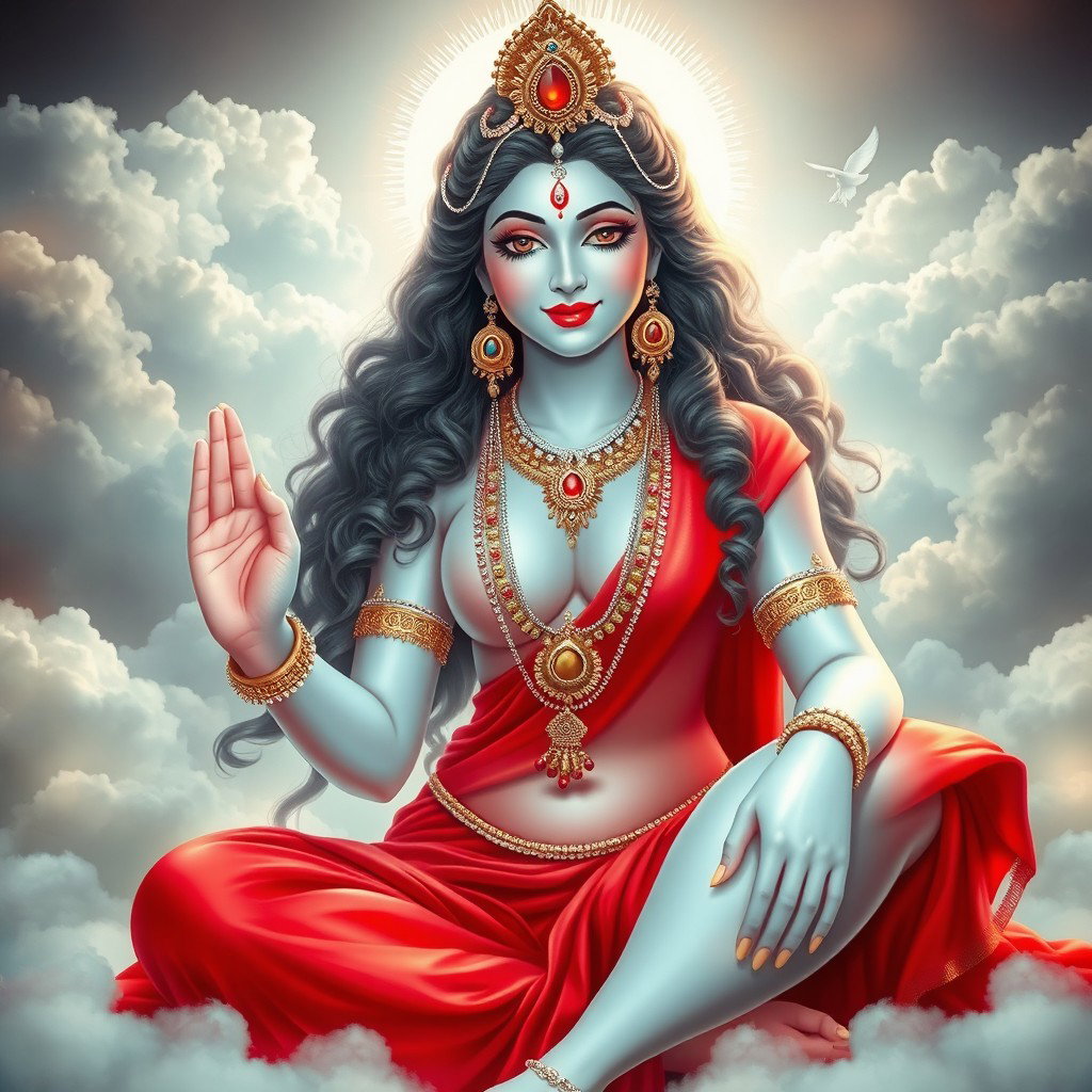 A breathtakingly beautiful divine goddess with glowing milk-like skin, adorned in intricate jewelry around her neck and delicate payal on her feet, wearing a vibrant red saree
