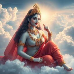 A breathtakingly beautiful divine goddess with glowing milk-like skin, adorned in intricate jewelry around her neck and delicate payal on her feet, wearing a vibrant red saree