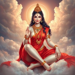 A breathtakingly beautiful divine goddess with glowing milk-like skin, adorned in intricate jewelry around her neck and delicate payal on her feet, wearing a vibrant red saree