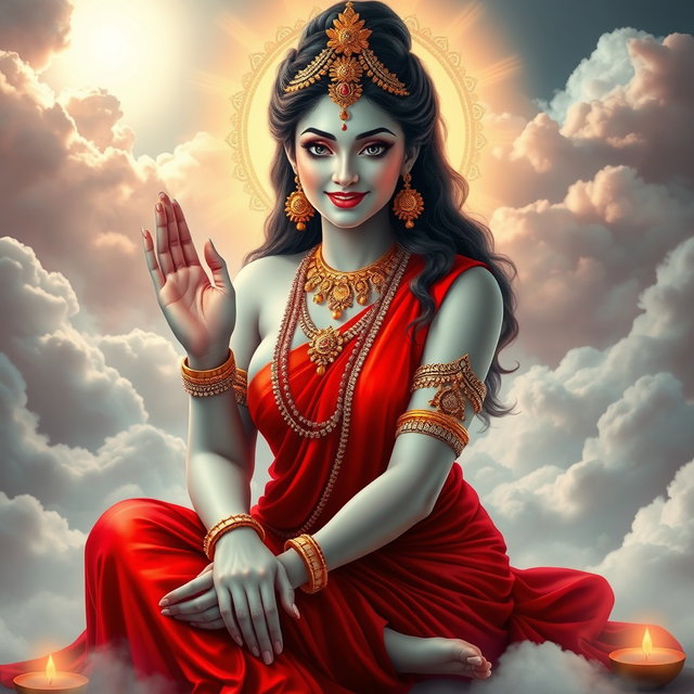 A breathtakingly beautiful divine goddess with glowing milk-like skin, adorned in intricate jewelry around her neck and delicate payal on her feet, wearing a vibrant red saree