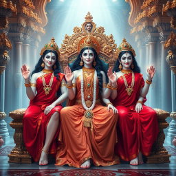 An exquisite depiction of three divine goddesses with luminous milk-like skin, elegantly adorned in sparkling jewelry around their necks and delicate payal on their feet