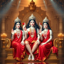 An exquisite depiction of three divine goddesses with luminous milk-like skin, elegantly adorned in sparkling jewelry around their necks and delicate payal on their feet