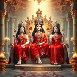 An exquisite depiction of three divine goddesses with luminous milk-like skin, elegantly adorned in sparkling jewelry around their necks and delicate payal on their feet