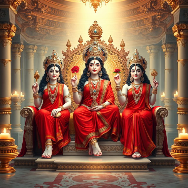 An exquisite depiction of three divine goddesses with luminous milk-like skin, elegantly adorned in sparkling jewelry around their necks and delicate payal on their feet