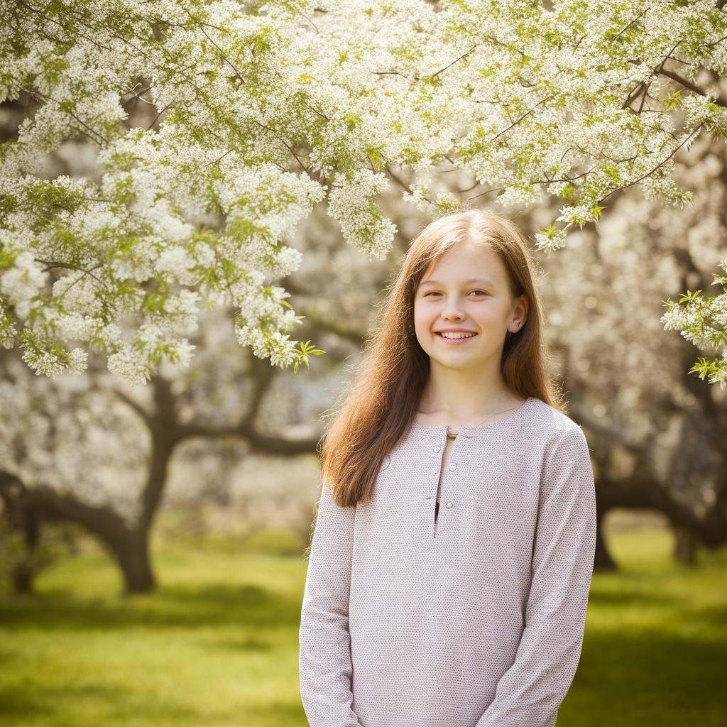 A portrait of a cheerful young girl, standing in a sunny, blossom-filled garden