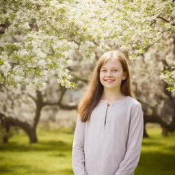 A portrait of a cheerful young girl, standing in a sunny, blossom-filled garden