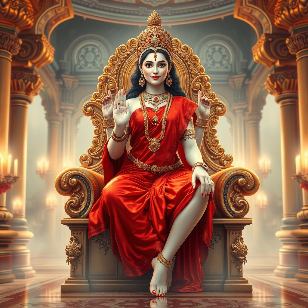 An enchanting depiction of a most beautiful divine goddess with luminous milk-like skin, elegantly adorned with exquisite jewelry around her neck and delicate payal on her feet, dressed in a striking red saree