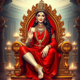 An enchanting depiction of a most beautiful divine goddess with luminous milk-like skin, elegantly adorned with exquisite jewelry around her neck and delicate payal on her feet, dressed in a striking red saree