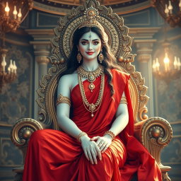 An enchanting depiction of a most beautiful divine goddess with luminous milk-like skin, elegantly adorned with exquisite jewelry around her neck and delicate payal on her feet, dressed in a striking red saree