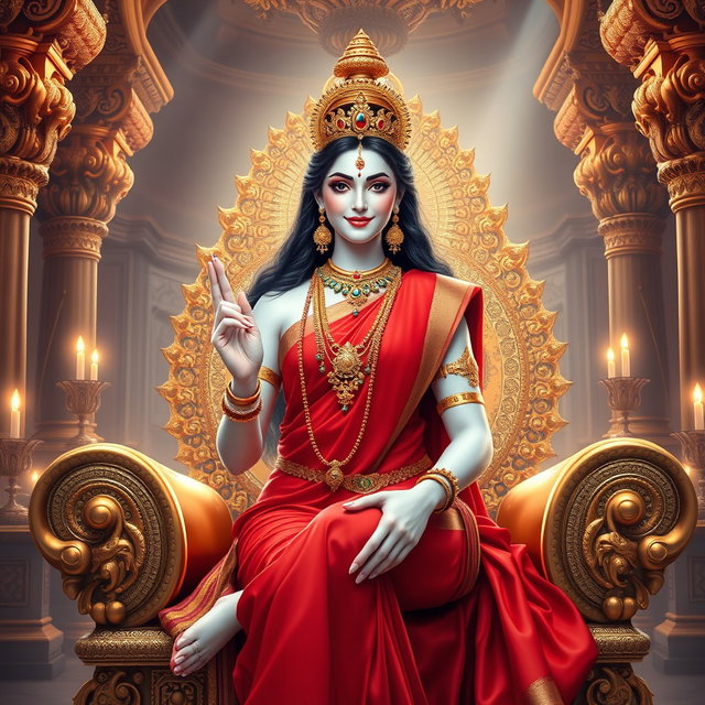 An enchanting depiction of a most beautiful divine goddess with luminous milk-like skin, elegantly adorned with exquisite jewelry around her neck and delicate payal on her feet, dressed in a striking red saree