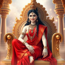 A stunning divine goddess with milk-glow skin, adorned with exquisite jewelry around her neck and delicate payal on her feet, draped in a rich red saree
