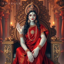 A stunning divine goddess with milk-glow skin, adorned with exquisite jewelry around her neck and delicate payal on her feet, draped in a rich red saree