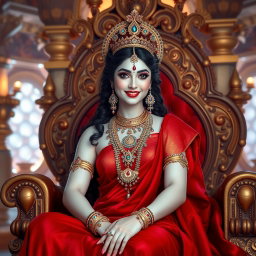 A stunning divine goddess with milk-glow skin, adorned with exquisite jewelry around her neck and delicate payal on her feet, draped in a rich red saree