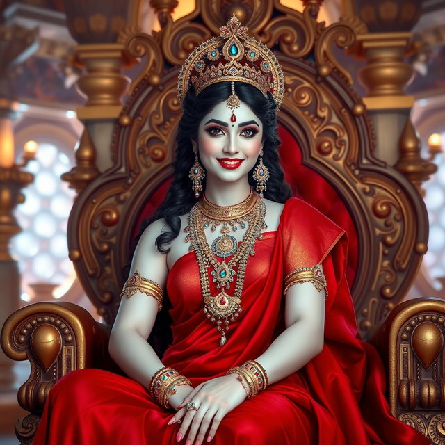 A stunning divine goddess with milk-glow skin, adorned with exquisite jewelry around her neck and delicate payal on her feet, draped in a rich red saree