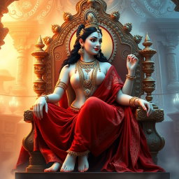 An exquisite divine goddess with milk-glow skin, adorned with elegant jewelry around her neck and delicate payal on her feet, wearing a luxurious red saree