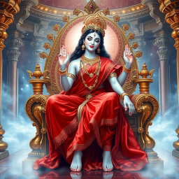 An exquisite divine goddess with milk-glow skin, adorned with elegant jewelry around her neck and delicate payal on her feet, wearing a luxurious red saree