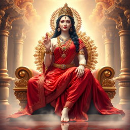 An exquisite divine goddess with milk-glow skin, adorned with elegant jewelry around her neck and delicate payal on her feet, wearing a luxurious red saree