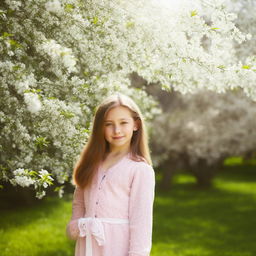 A portrait of a cheerful young girl, standing in a sunny, blossom-filled garden