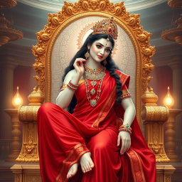 An exquisite divine goddess with milk-glow skin, adorned with elegant jewelry around her neck and delicate payal on her feet, wearing a luxurious red saree