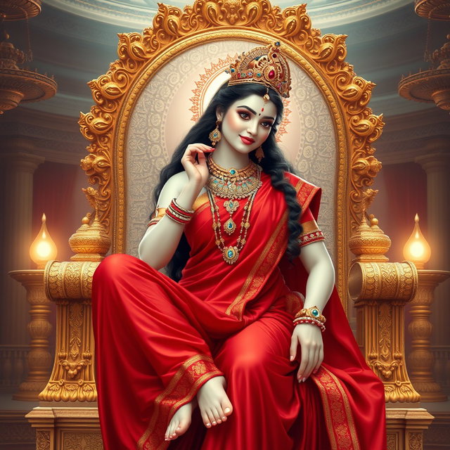 An exquisite divine goddess with milk-glow skin, adorned with elegant jewelry around her neck and delicate payal on her feet, wearing a luxurious red saree