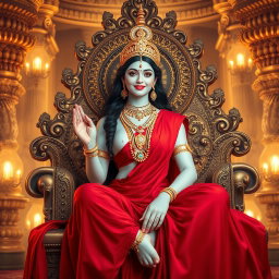 A stunning depiction of a beautiful divine goddess, or 'devi', with luminous milk-glow skin, seated elegantly on a majestic divine throne in a splendid palace in Swarglok