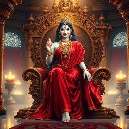 A stunning depiction of a beautiful divine goddess, or 'devi', with luminous milk-glow skin, seated elegantly on a majestic divine throne in a splendid palace in Swarglok