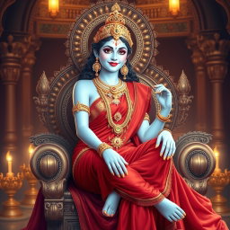 A stunning depiction of a beautiful divine goddess, or 'devi', with luminous milk-glow skin, seated elegantly on a majestic divine throne in a splendid palace in Swarglok