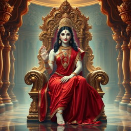 A stunning depiction of a beautiful divine goddess, or 'devi', with luminous milk-glow skin, seated elegantly on a majestic divine throne in a splendid palace in Swarglok