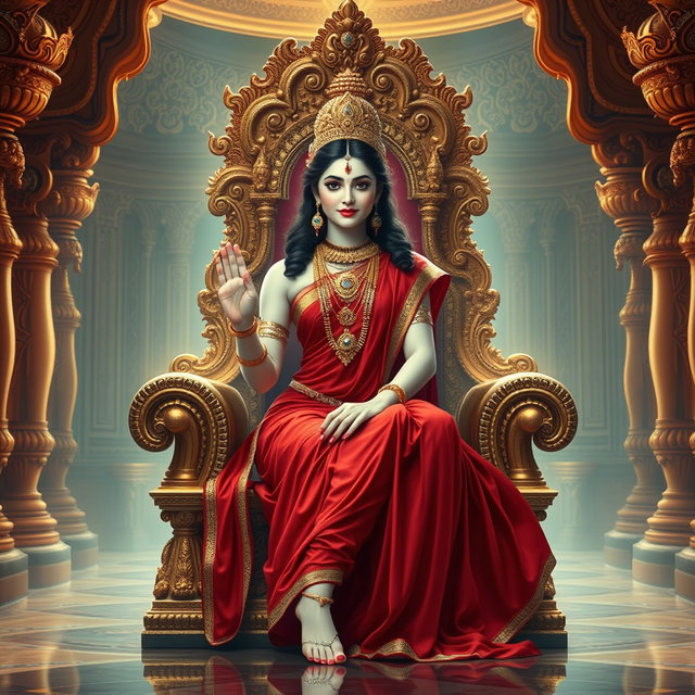 A stunning depiction of a beautiful divine goddess, or 'devi', with luminous milk-glow skin, seated elegantly on a majestic divine throne in a splendid palace in Swarglok