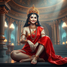 A mesmerizing portrayal of a beautiful divine goddess, or 'devi', with radiant milk-glow skin, seated alluringly in a luxurious divine palace in Swarglok