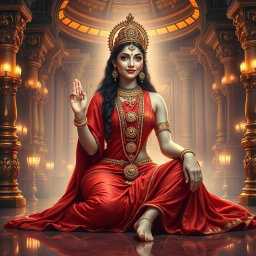 A mesmerizing portrayal of a beautiful divine goddess, or 'devi', with radiant milk-glow skin, seated alluringly in a luxurious divine palace in Swarglok