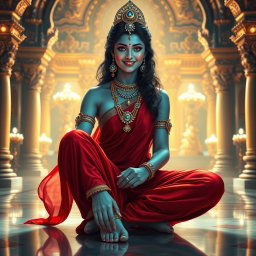 A mesmerizing portrayal of a beautiful divine goddess, or 'devi', with radiant milk-glow skin, seated alluringly in a luxurious divine palace in Swarglok
