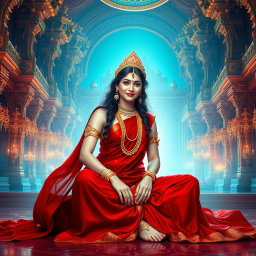A mesmerizing portrayal of a beautiful divine goddess, or 'devi', with radiant milk-glow skin, seated alluringly in a luxurious divine palace in Swarglok