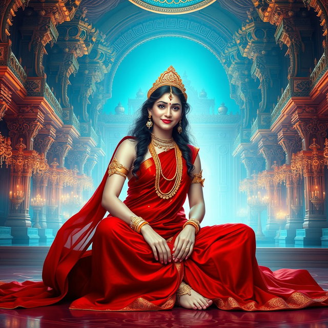 A mesmerizing portrayal of a beautiful divine goddess, or 'devi', with radiant milk-glow skin, seated alluringly in a luxurious divine palace in Swarglok