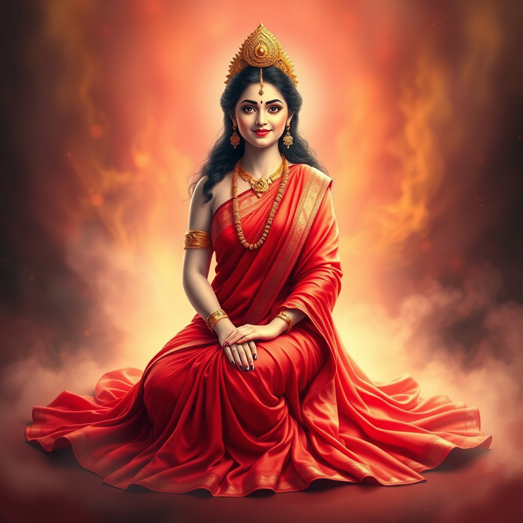 A beautiful divine goddess seated gracefully in swarglok, dressed in a stunning red saree that drapes elegantly around her form