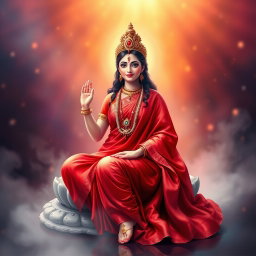 A beautiful divine goddess seated gracefully in swarglok, dressed in a stunning red saree that drapes elegantly around her form
