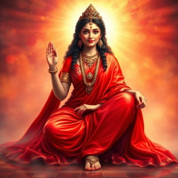 A beautiful divine goddess seated gracefully in swarglok, dressed in a stunning red saree that drapes elegantly around her form