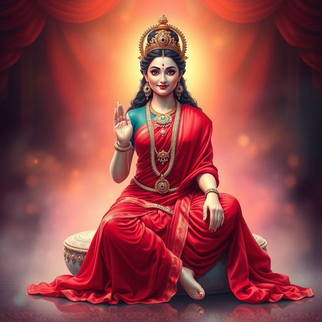 A beautiful divine goddess seated gracefully in swarglok, dressed in a stunning red saree that drapes elegantly around her form