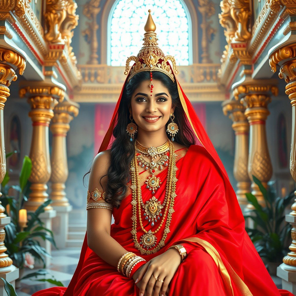 A beautiful Hindu Devi with glowing radiant skin, sitting in a majestic palace in Swarglok