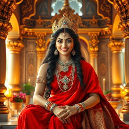 A beautiful Hindu Devi with glowing radiant skin, sitting in a majestic palace in Swarglok