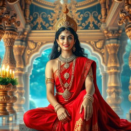 A beautiful Hindu Devi with glowing radiant skin, sitting in a majestic palace in Swarglok